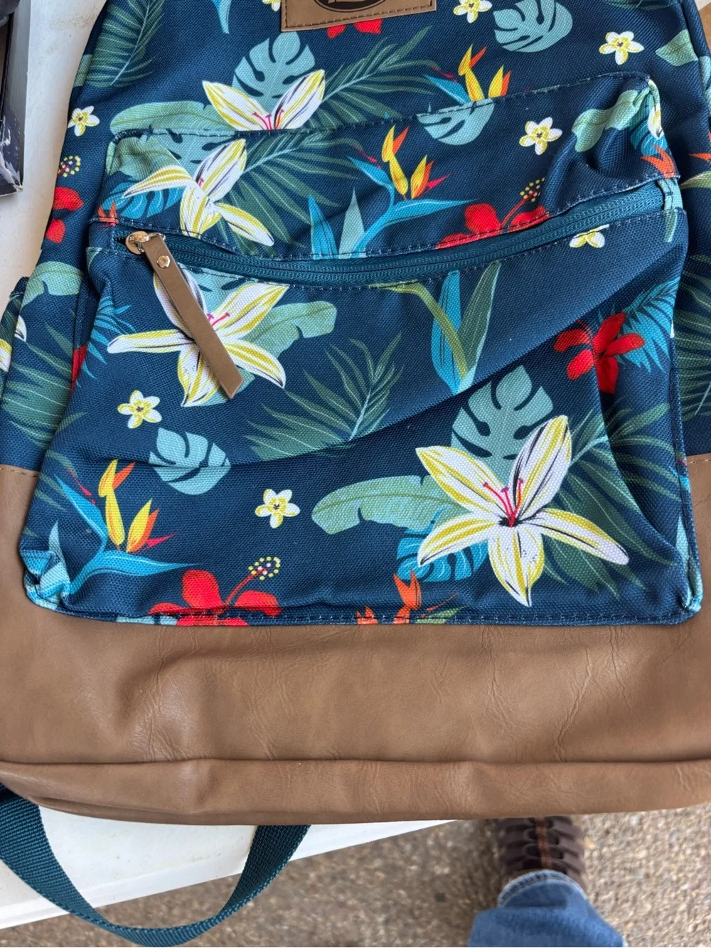 Dickies Blue Floral Backpack with Brown Trim